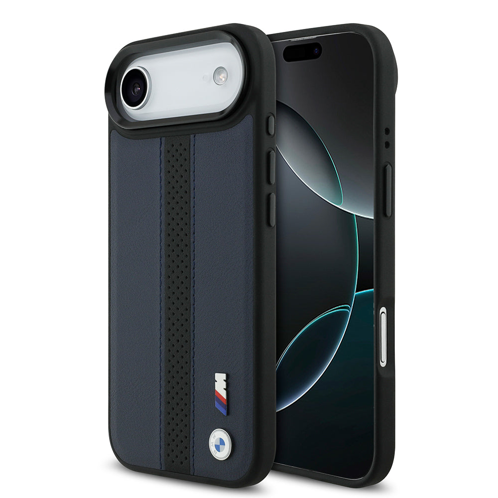 iPhone 17 Air Kılıf BMW Orijinal Lisanslı M-safe Şarj Özellikli Deri Arka Yüzey Metal Logolu Delikli Şerit Tasarımlı Kılıf