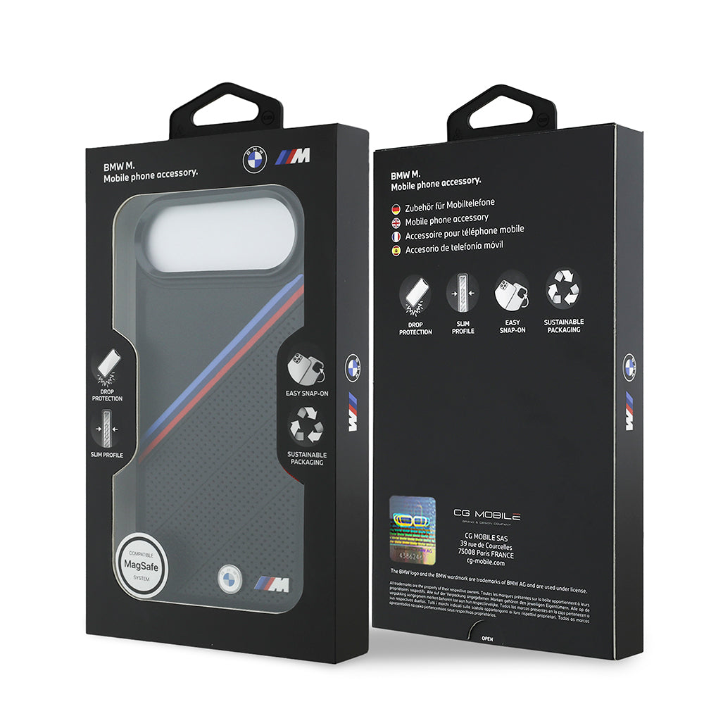 iPhone 17 Air Kılıf BMW Orijinal Lisanslı M-safe Şarj Özellikli M Logolu Üç Şeritli Delikli Deri Kılıf