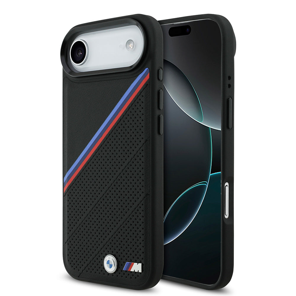 iPhone 17 Air Kılıf BMW Orijinal Lisanslı M-safe Şarj Özellikli M Logolu Üç Şeritli Delikli Deri Kılıf