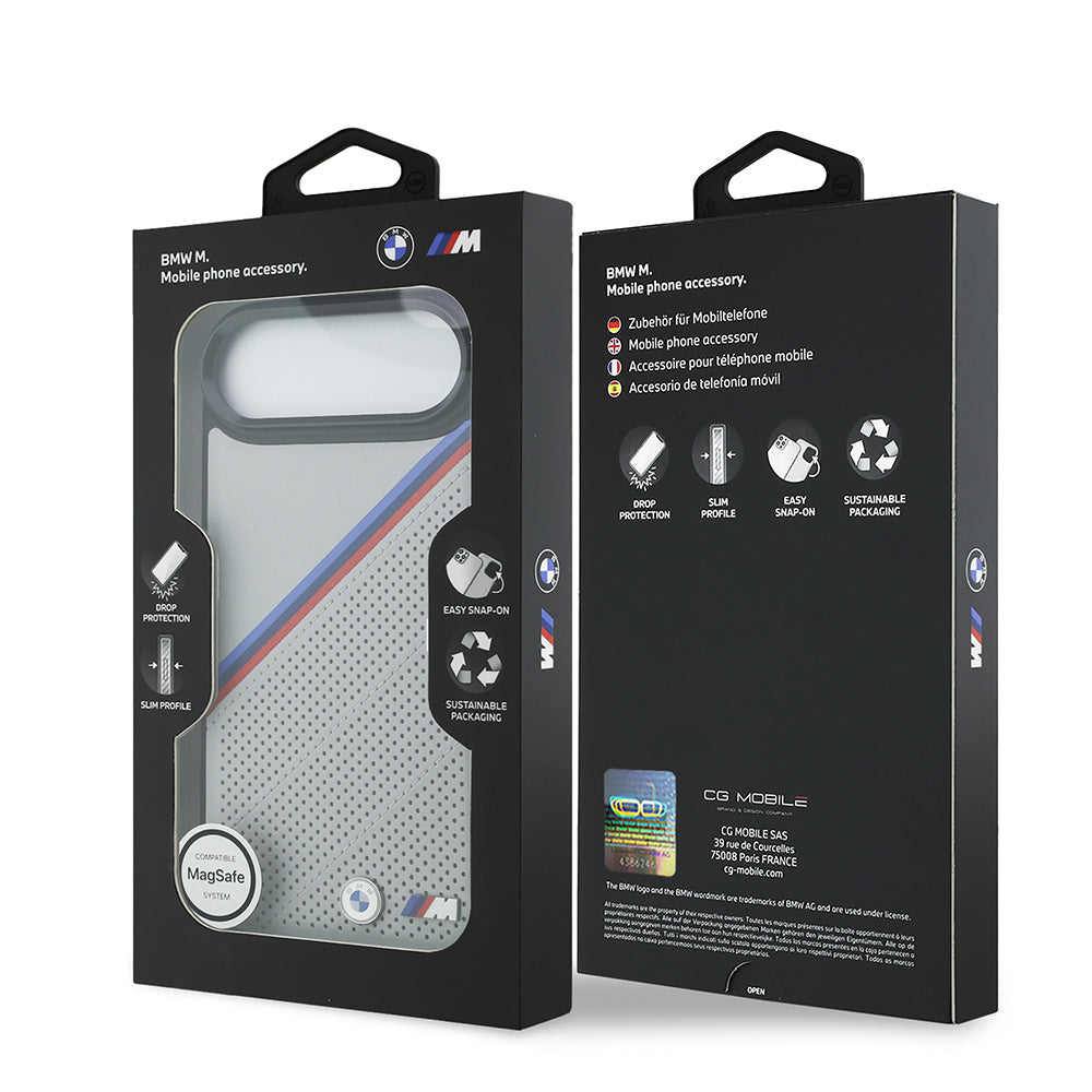 iPhone 17 Air Kılıf BMW Orijinal Lisanslı M-safe Şarj Özellikli M Logolu Üç Şeritli Delikli Deri Kılıf