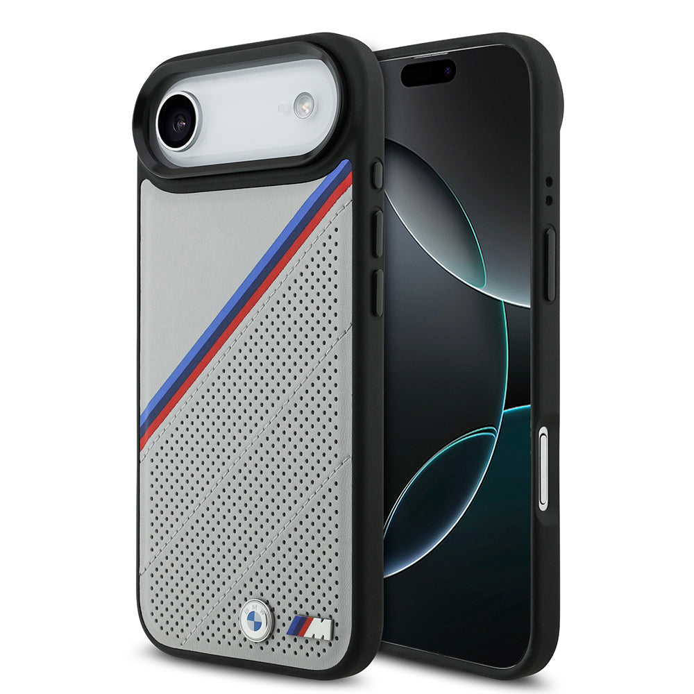 iPhone 17 Air Kılıf BMW Orijinal Lisanslı M-safe Şarj Özellikli M Logolu Üç Şeritli Delikli Deri Kılıf