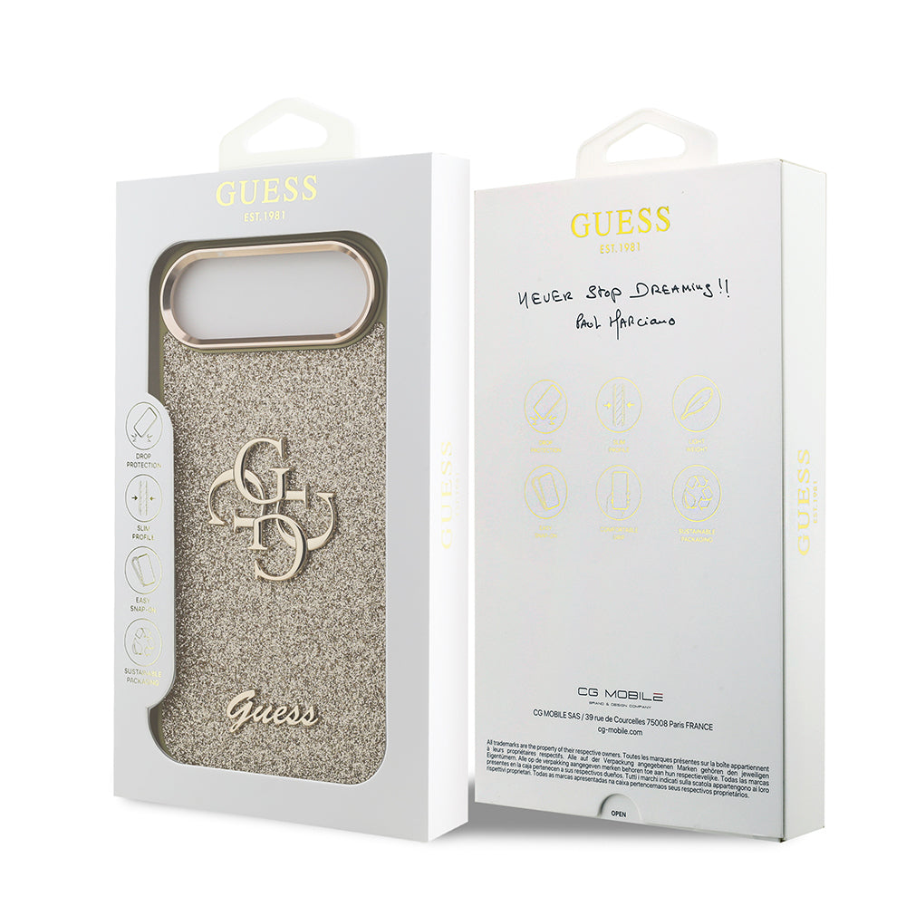 iPhone 17 Air Kılıf Guess Orijinal Lisanslı 4G Büyük Metal Kamera Çerçeveli ve Logolu Glitter Kılıf