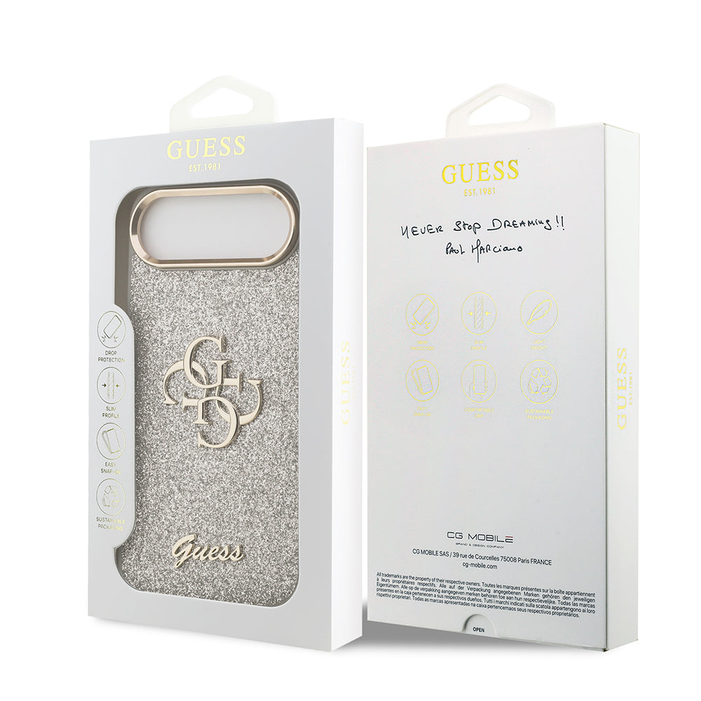 iPhone 17 Air Kılıf Guess Orijinal Lisanslı 4G Büyük Metal Kamera Çerçeveli ve Logolu Glitter Kılıf