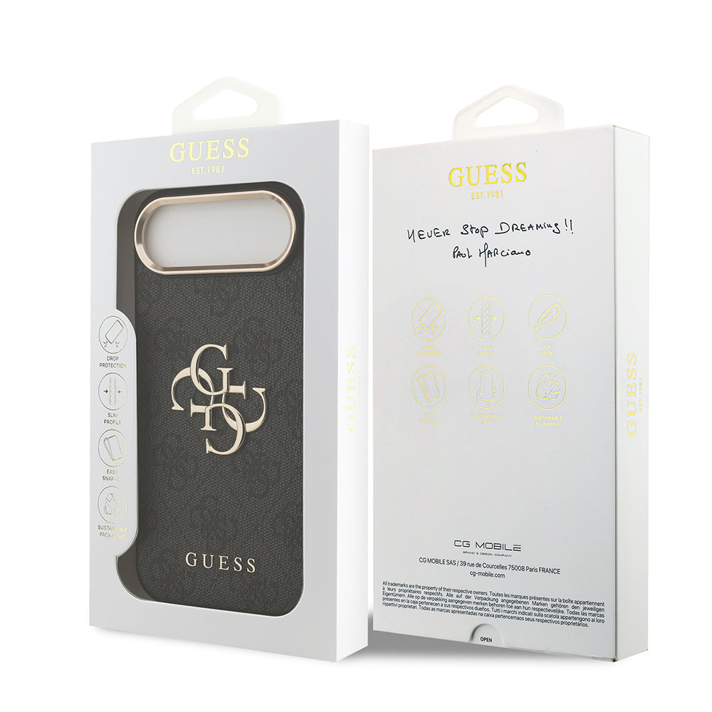 iPhone 17 Air Kılıf Guess Orijinal Lisanslı Gold Metal Kamera Çerçeveli 4G Desenli Metal Büyük 4G ve Yazı Logolu Kılıf