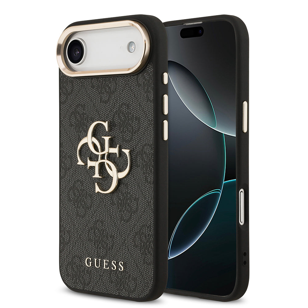 iPhone 17 Air Kılıf Guess Orijinal Lisanslı Gold Metal Kamera Çerçeveli 4G Desenli Metal Büyük 4G ve Yazı Logolu Kılıf
