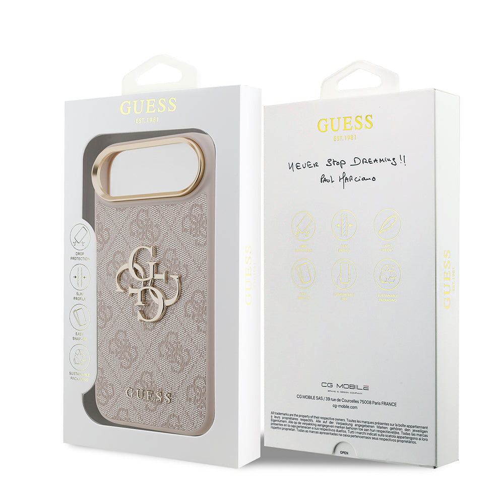 iPhone 17 Air Kılıf Guess Orijinal Lisanslı Gold Metal Kamera Çerçeveli 4G Desenli Metal Büyük 4G ve Yazı Logolu Kılıf