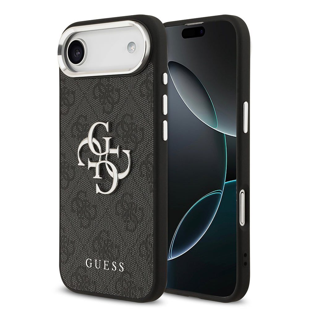 iPhone 17 Air Kılıf Guess Orijinal Lisanslı Gümüş Metal Kamera Çerçeveli 4G Desenli Metal Büyük 4G ve Yazı Logolu Kılıf