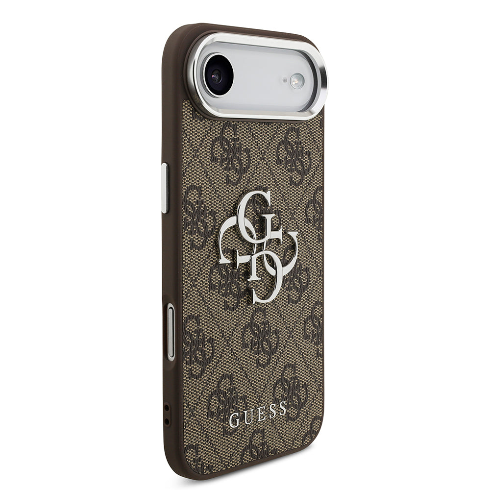 iPhone 17 Air Kılıf Guess Orijinal Lisanslı Gümüş Metal Kamera Çerçeveli 4G Desenli Metal Büyük 4G ve Yazı Logolu Kılıf