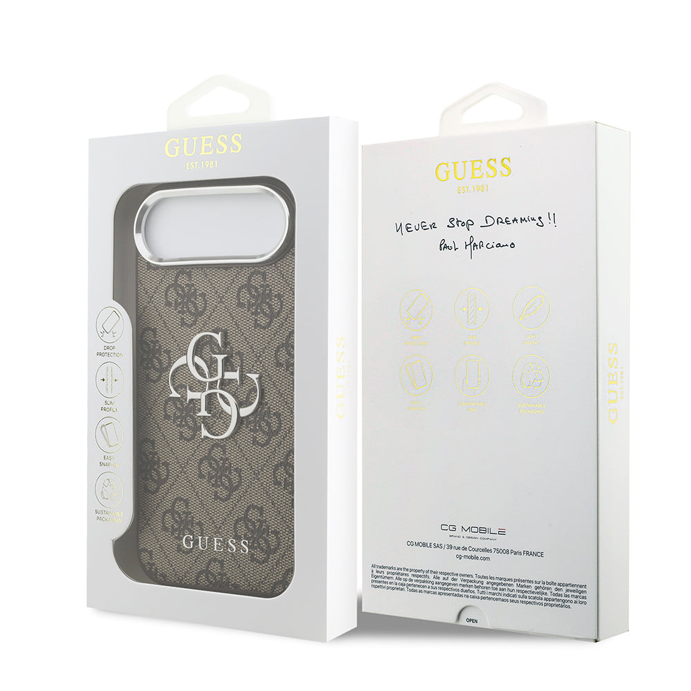 iPhone 17 Air Kılıf Guess Orijinal Lisanslı Gümüş Metal Kamera Çerçeveli 4G Desenli Metal Büyük 4G ve Yazı Logolu Kılıf