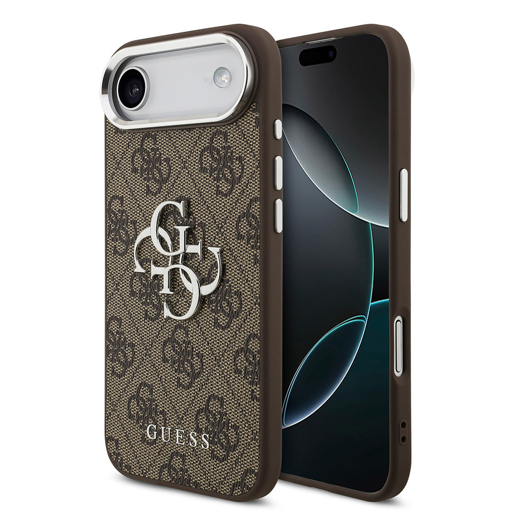 iPhone 17 Air Kılıf Guess Orijinal Lisanslı Gümüş Metal Kamera Çerçeveli 4G Desenli Metal Büyük 4G ve Yazı Logolu Kılıf