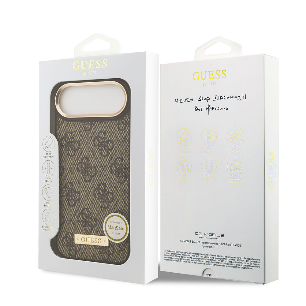 iPhone 17 Air Kılıf Guess Orijinal Lisanslı M-safe Şarj Özellikli 4G Desenli PU Metal Plaka Klasik Logolu Kılıf