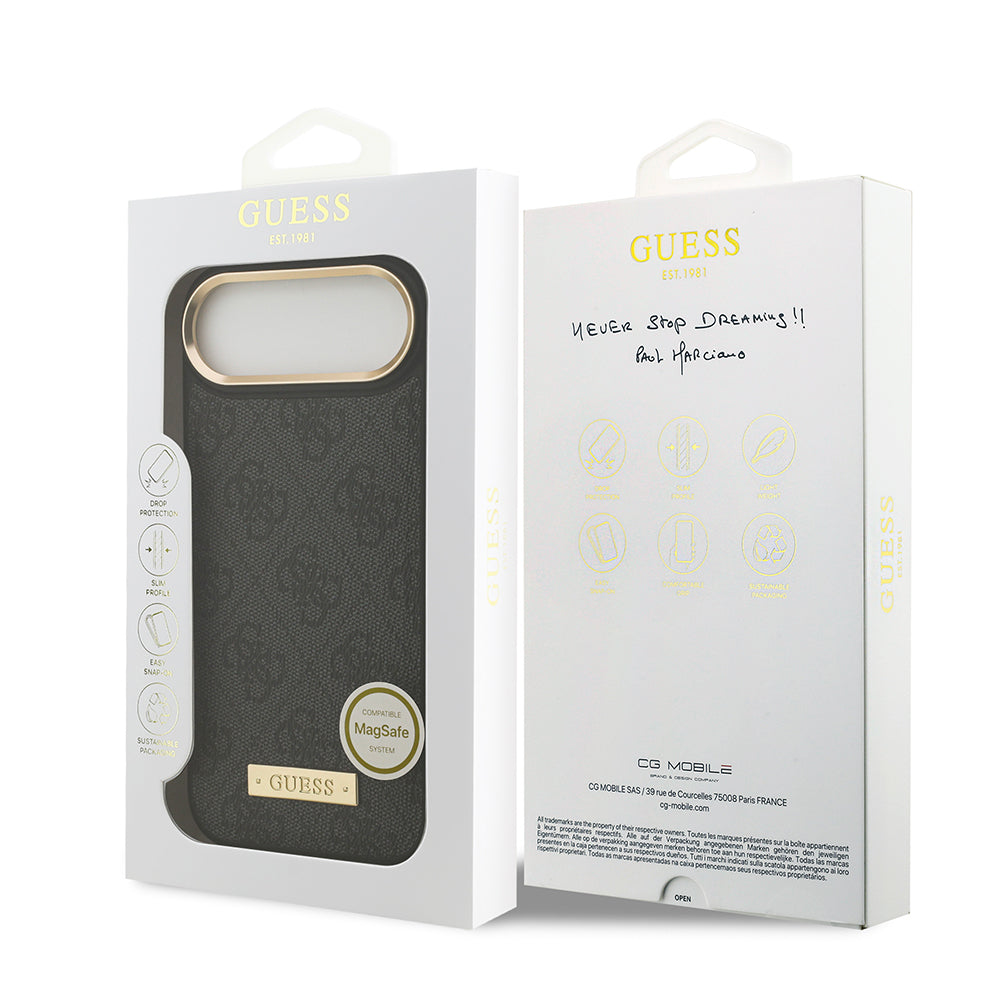 iPhone 17 Air Kılıf Guess Orijinal Lisanslı M-safe Şarj Özellikli 4G Desenli PU Metal Plaka Klasik Logolu Kılıf