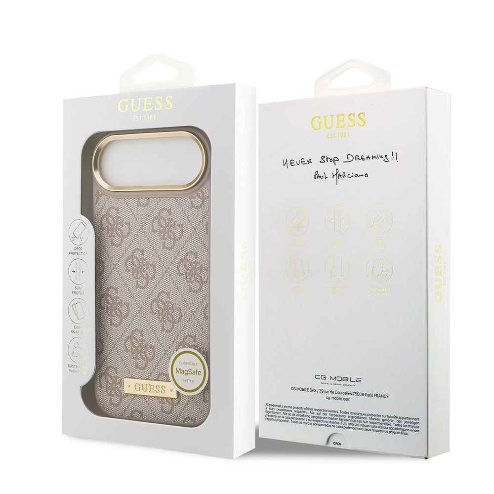iPhone 17 Air Kılıf Guess Orijinal Lisanslı M-safe Şarj Özellikli 4G Desenli PU Metal Plaka Klasik Logolu Kılıf