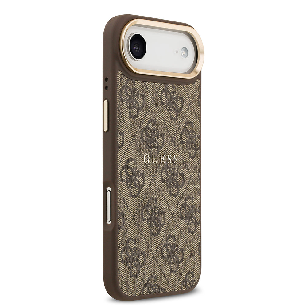 iPhone 17 Air Kılıf Guess Orijinal Lisanslı M-safe Şarj Özellikli Gold Metal Kamera Çerçeveli PU Deri 4G Desenli Yazı Logolu Kılıf