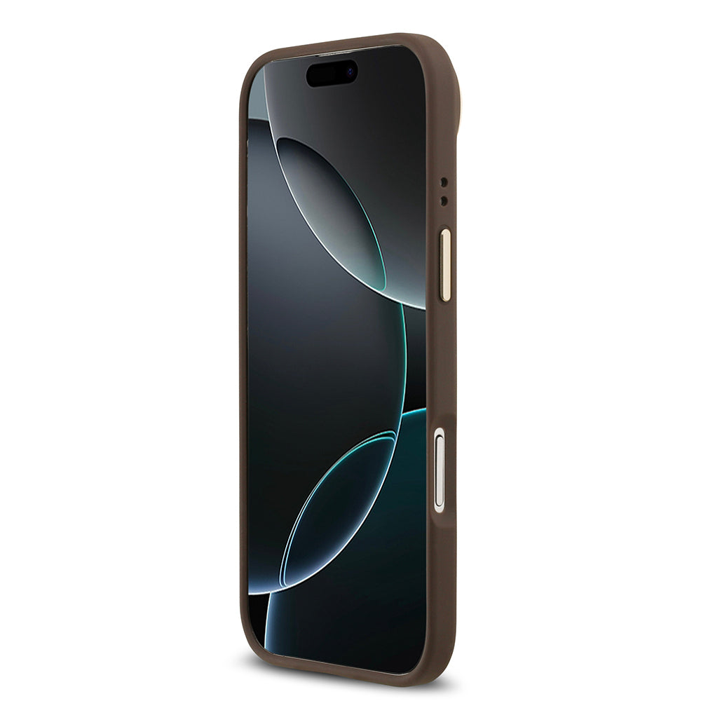 iPhone 17 Air Kılıf Guess Orijinal Lisanslı M-safe Şarj Özellikli Gold Metal Kamera Çerçeveli PU Deri 4G Desenli Yazı Logolu Kılıf
