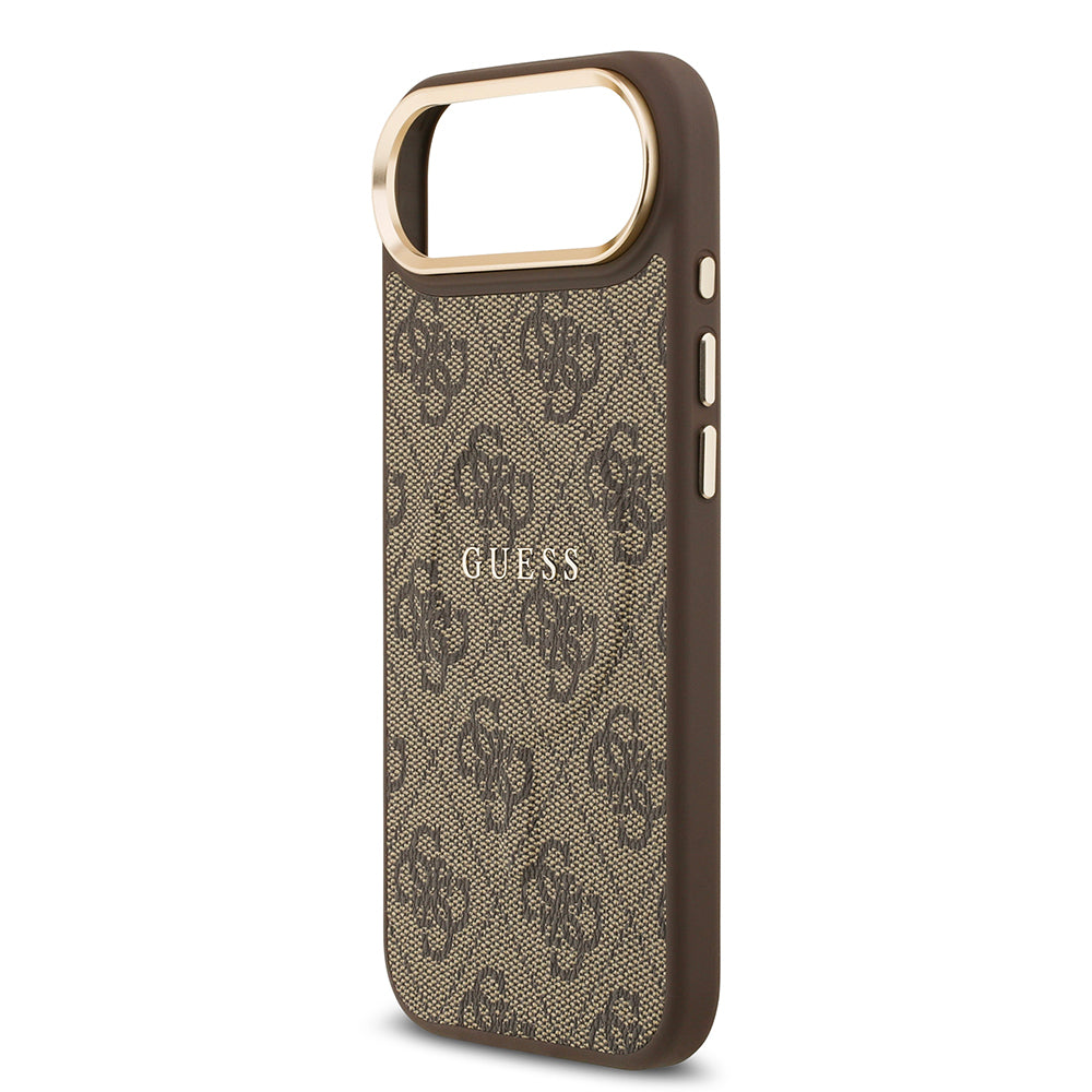iPhone 17 Air Kılıf Guess Orijinal Lisanslı M-safe Şarj Özellikli Gold Metal Kamera Çerçeveli PU Deri 4G Desenli Yazı Logolu Kılıf