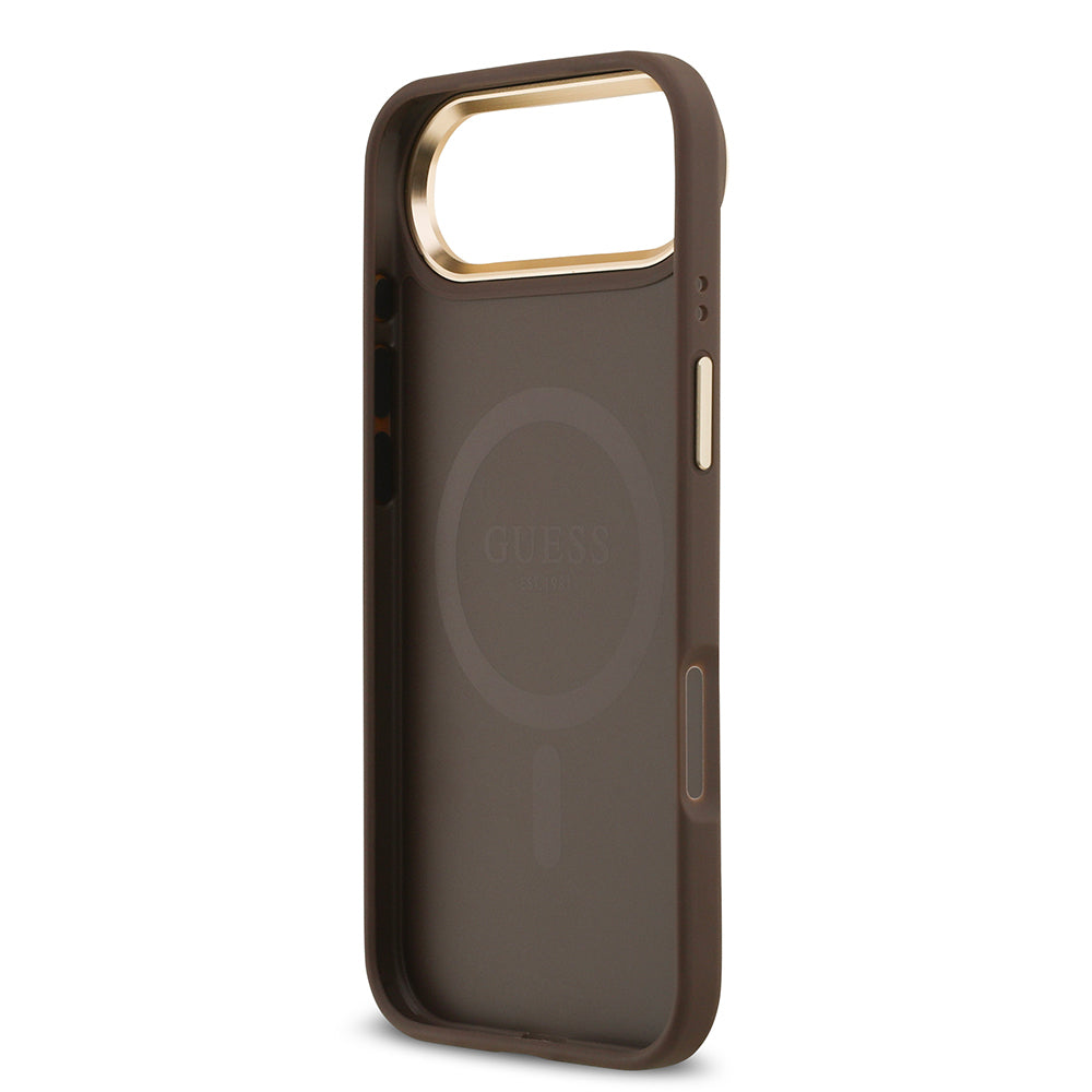 iPhone 17 Air Kılıf Guess Orijinal Lisanslı M-safe Şarj Özellikli Gold Metal Kamera Çerçeveli PU Deri 4G Desenli Yazı Logolu Kılıf