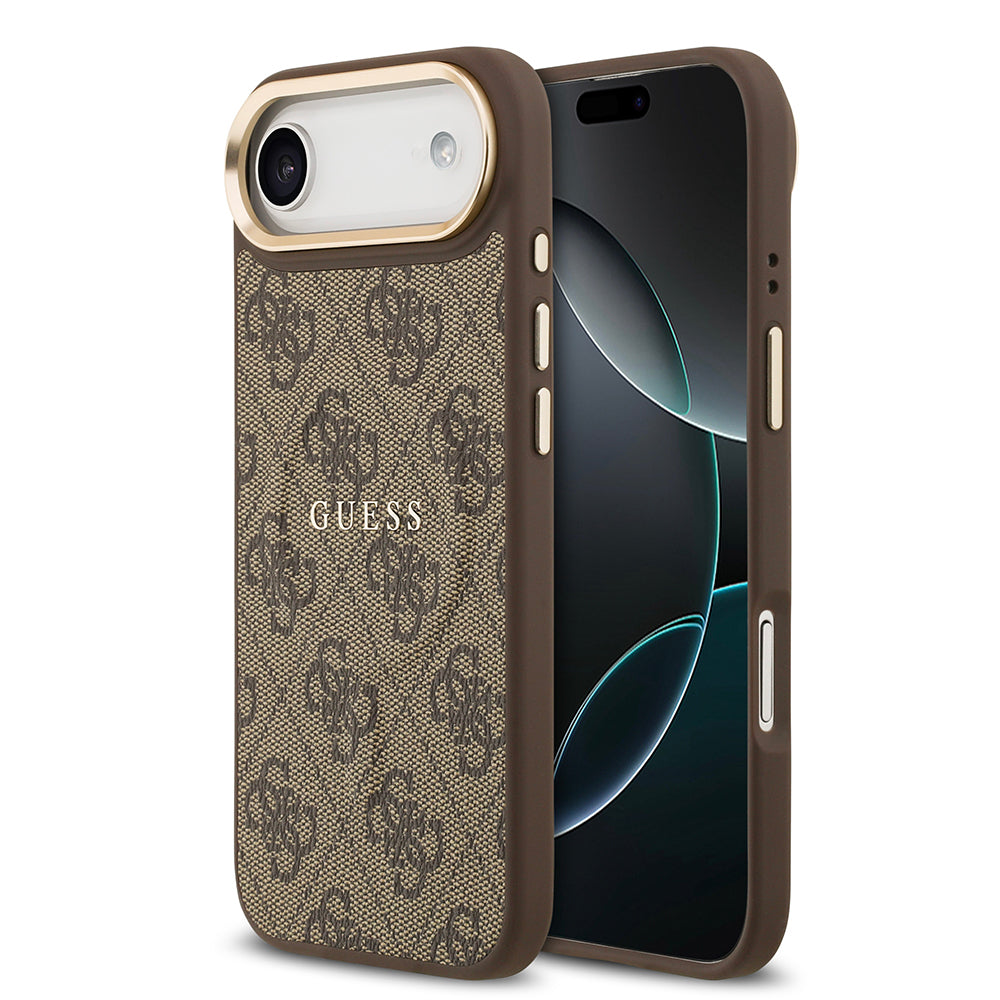 iPhone 17 Air Kılıf Guess Orijinal Lisanslı M-safe Şarj Özellikli Gold Metal Kamera Çerçeveli PU Deri 4G Desenli Yazı Logolu Kılıf