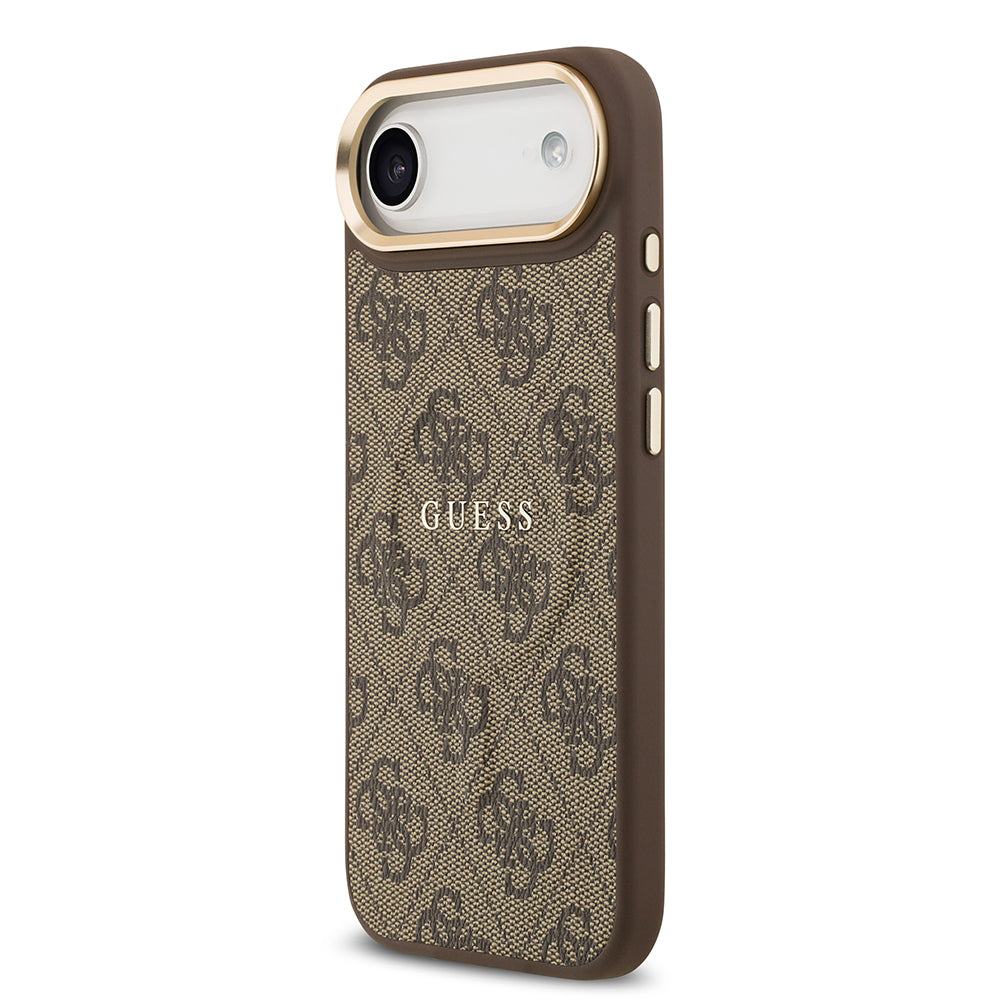 iPhone 17 Air Kılıf Guess Orijinal Lisanslı M-safe Şarj Özellikli Gold Metal Kamera Çerçeveli PU Deri 4G Desenli Yazı Logolu Kılıf