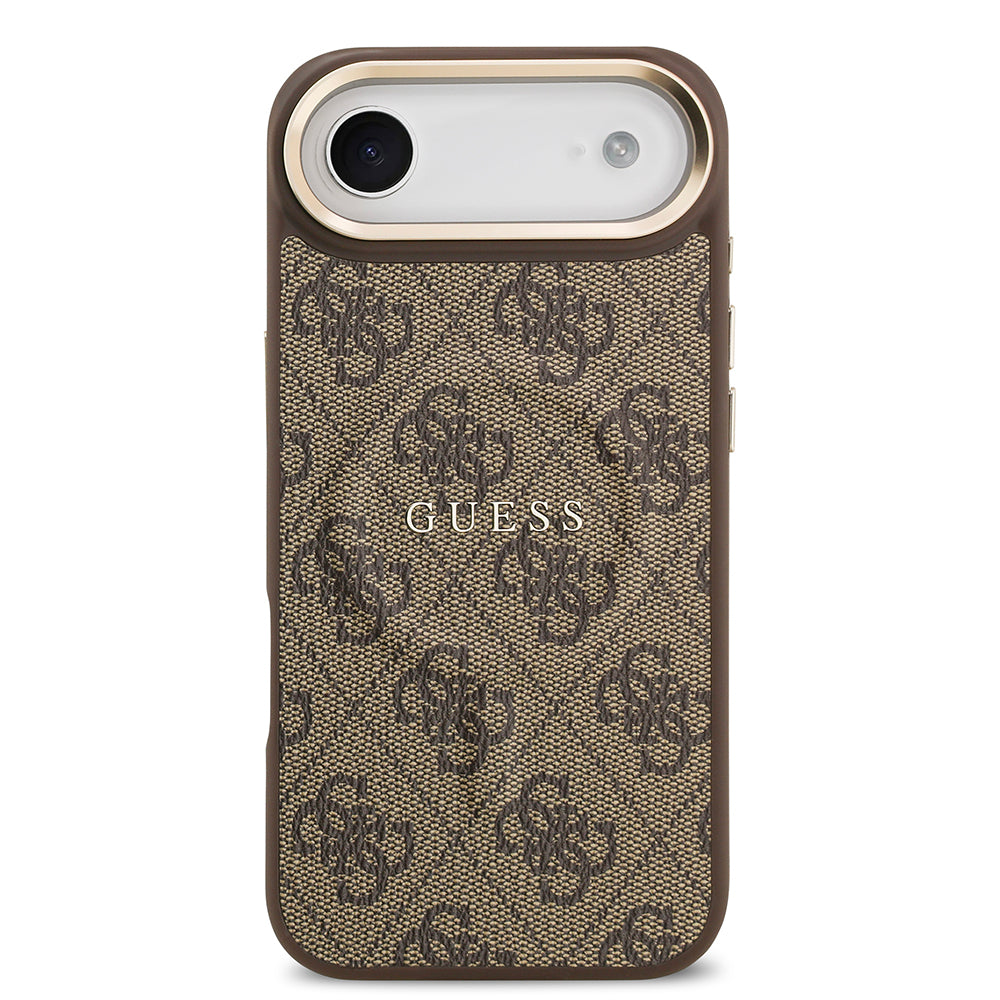 iPhone 17 Air Kılıf Guess Orijinal Lisanslı M-safe Şarj Özellikli Gold Metal Kamera Çerçeveli PU Deri 4G Desenli Yazı Logolu Kılıf