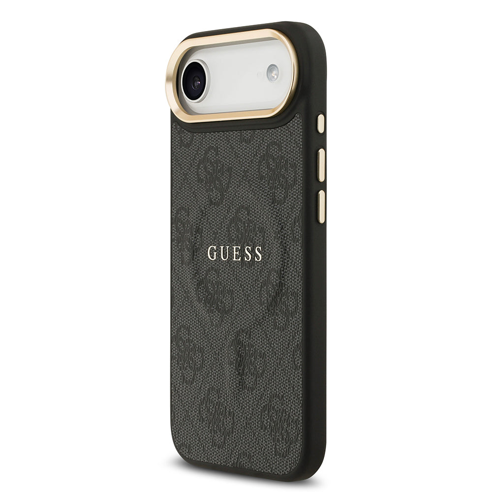 iPhone 17 Air Kılıf Guess Orijinal Lisanslı M-safe Şarj Özellikli Gold Metal Kamera Çerçeveli PU Deri 4G Desenli Yazı Logolu Kılıf