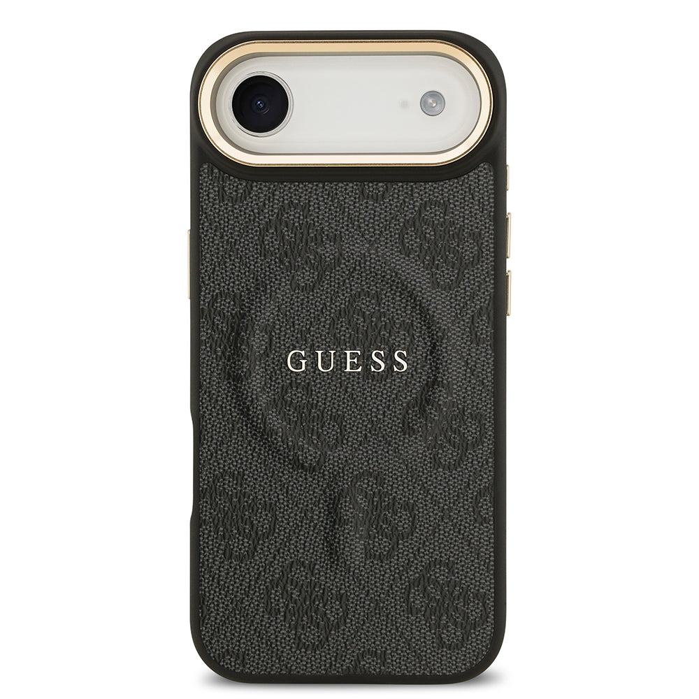 iPhone 17 Air Kılıf Guess Orijinal Lisanslı M-safe Şarj Özellikli Gold Metal Kamera Çerçeveli PU Deri 4G Desenli Yazı Logolu Kılıf