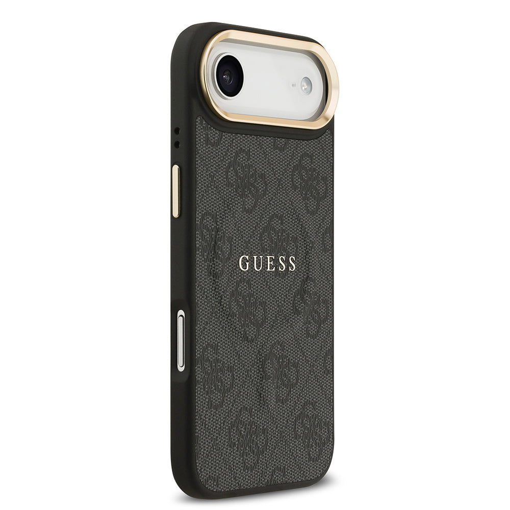iPhone 17 Air Kılıf Guess Orijinal Lisanslı M-safe Şarj Özellikli Gold Metal Kamera Çerçeveli PU Deri 4G Desenli Yazı Logolu Kılıf