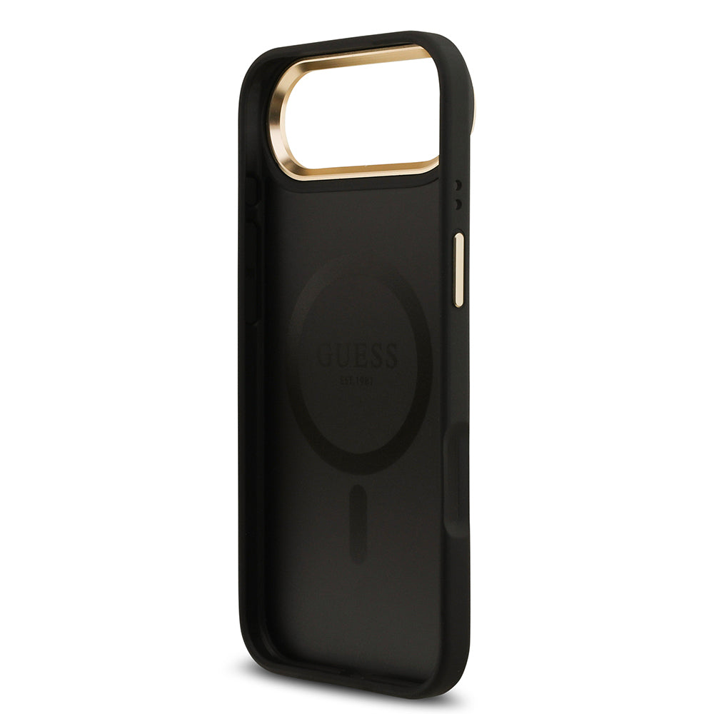 iPhone 17 Air Kılıf Guess Orijinal Lisanslı M-safe Şarj Özellikli Gold Metal Kamera Çerçeveli PU Deri 4G Desenli Yazı Logolu Kılıf