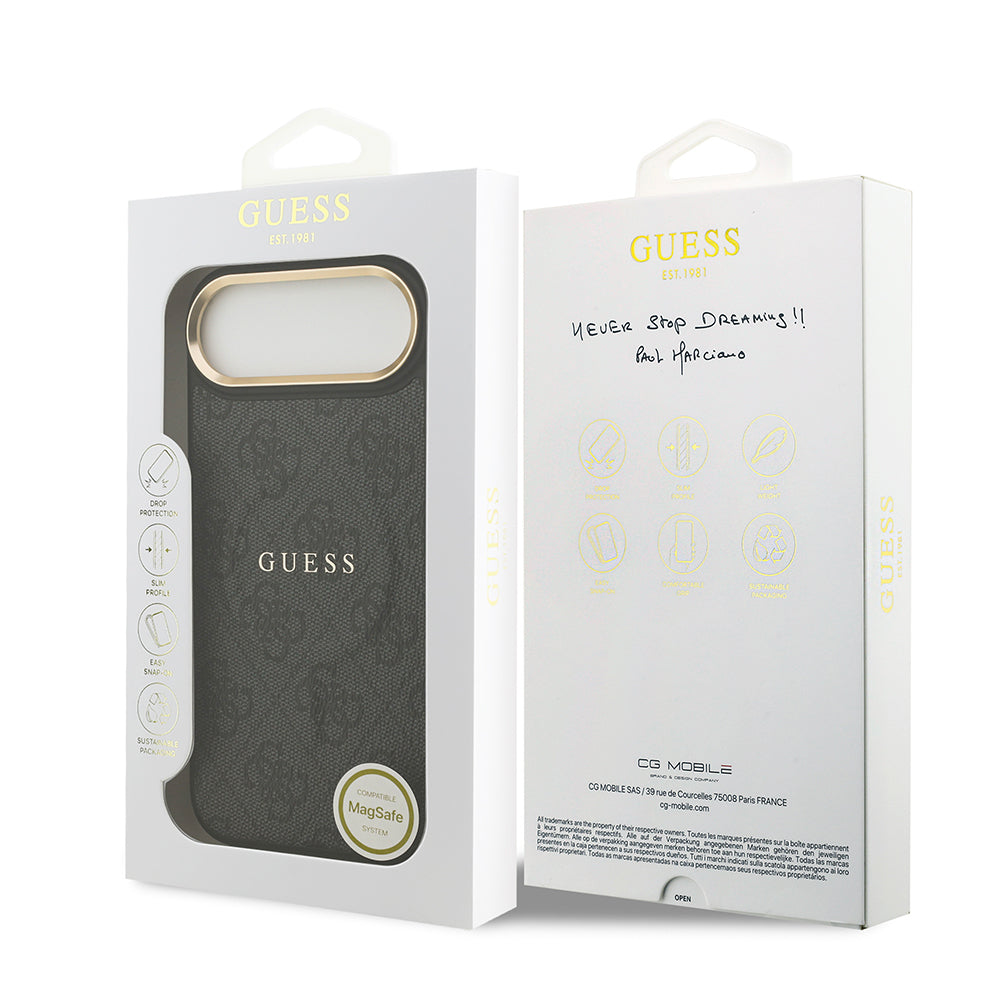 iPhone 17 Air Kılıf Guess Orijinal Lisanslı M-safe Şarj Özellikli Gold Metal Kamera Çerçeveli PU Deri 4G Desenli Yazı Logolu Kılıf