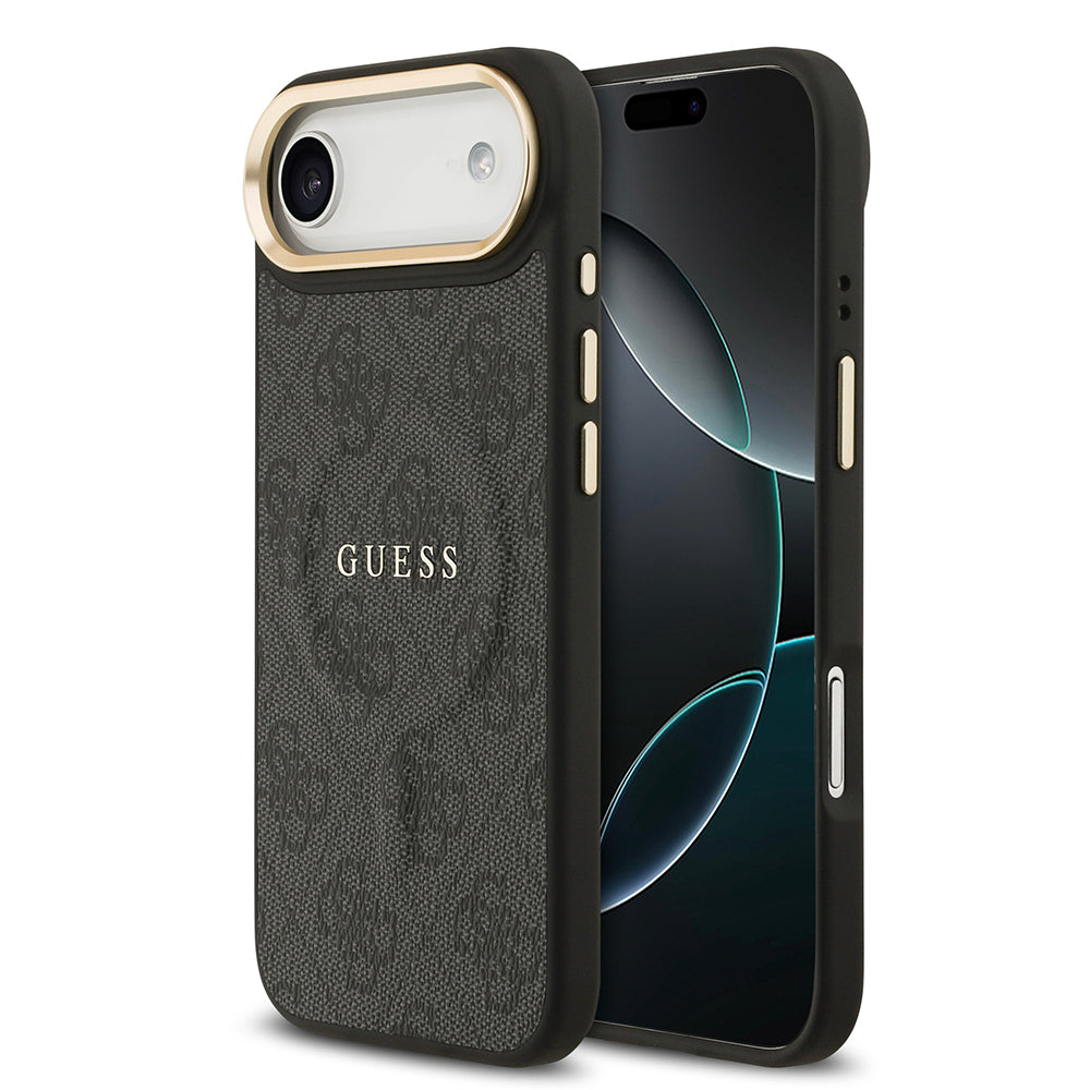 iPhone 17 Air Kılıf Guess Orijinal Lisanslı M-safe Şarj Özellikli Gold Metal Kamera Çerçeveli PU Deri 4G Desenli Yazı Logolu Kılıf