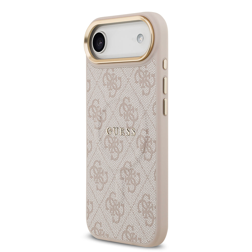iPhone 17 Air Kılıf Guess Orijinal Lisanslı M-safe Şarj Özellikli Gold Metal Kamera Çerçeveli PU Deri 4G Desenli Yazı Logolu Kılıf