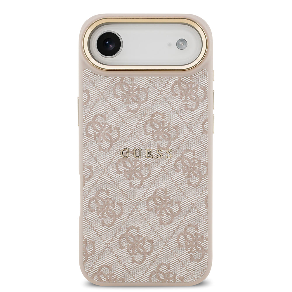 iPhone 17 Air Kılıf Guess Orijinal Lisanslı M-safe Şarj Özellikli Gold Metal Kamera Çerçeveli PU Deri 4G Desenli Yazı Logolu Kılıf