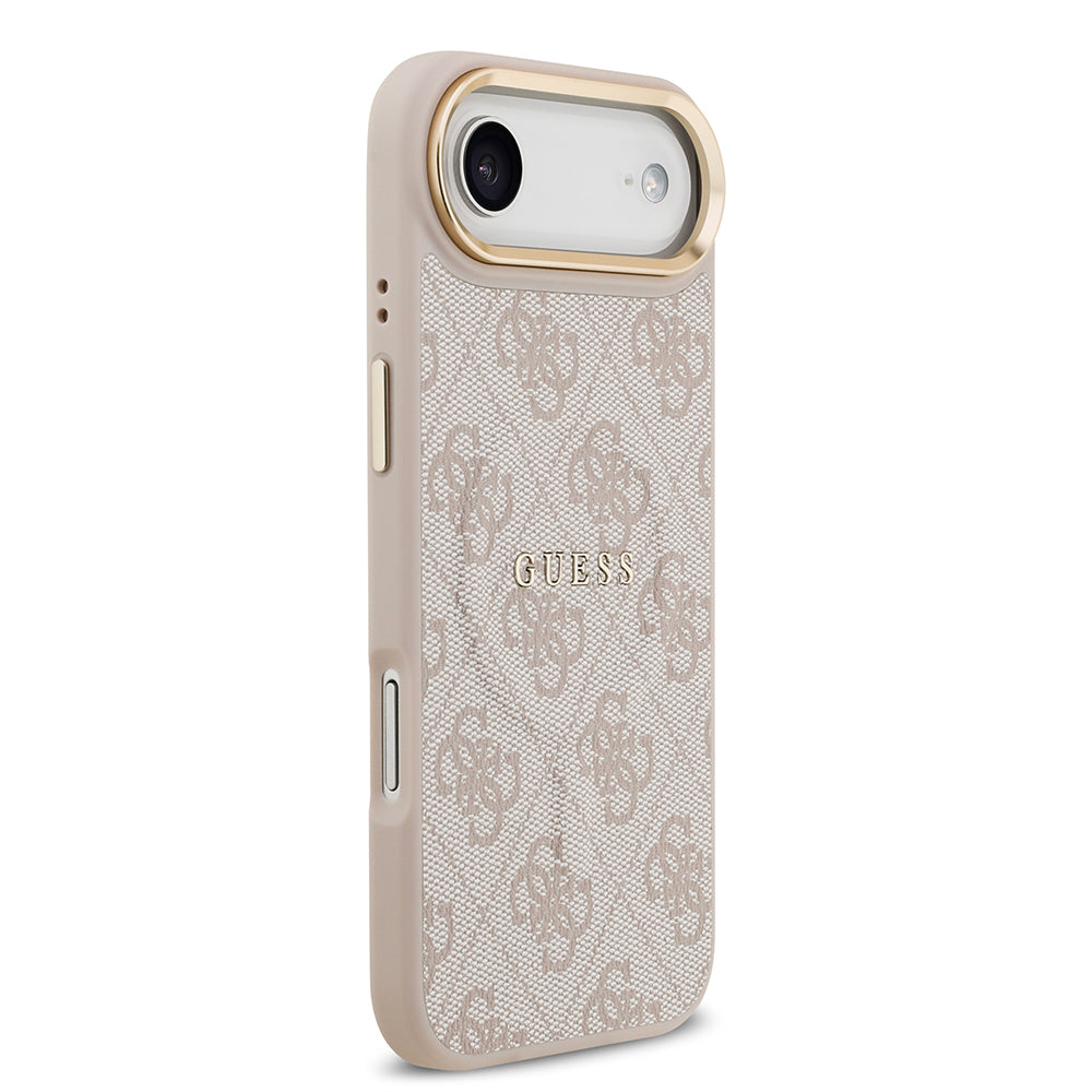 iPhone 17 Air Kılıf Guess Orijinal Lisanslı M-safe Şarj Özellikli Gold Metal Kamera Çerçeveli PU Deri 4G Desenli Yazı Logolu Kılıf