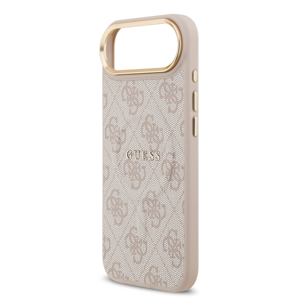 iPhone 17 Air Kılıf Guess Orijinal Lisanslı M-safe Şarj Özellikli Gold Metal Kamera Çerçeveli PU Deri 4G Desenli Yazı Logolu Kılıf