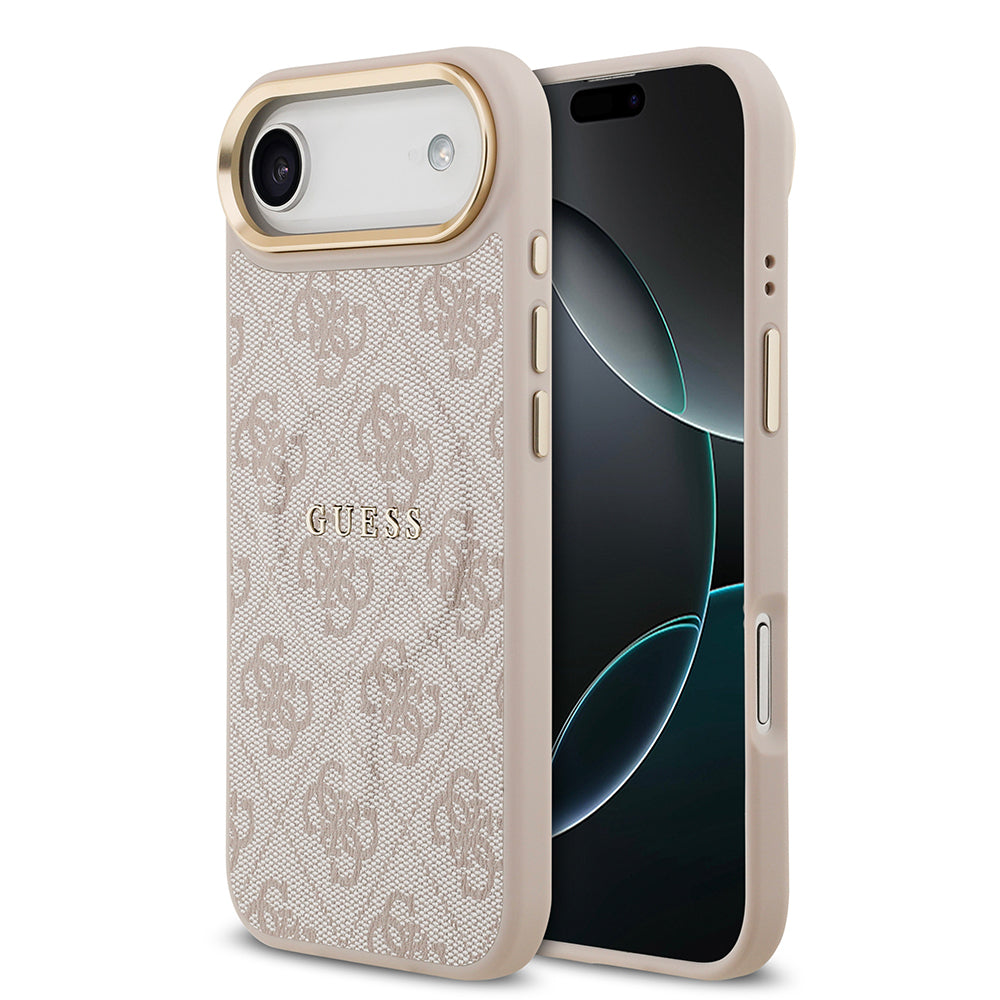 iPhone 17 Air Kılıf Guess Orijinal Lisanslı M-safe Şarj Özellikli Gold Metal Kamera Çerçeveli PU Deri 4G Desenli Yazı Logolu Kılıf