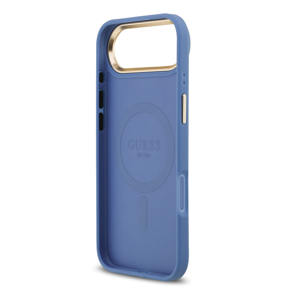iPhone 17 Air Kılıf Guess Orijinal Lisanslı M-safe Şarj Özellikli Gold Metal Kamera Çerçeveli PU Deri 4G Desenli Yazı Logolu Kılıf