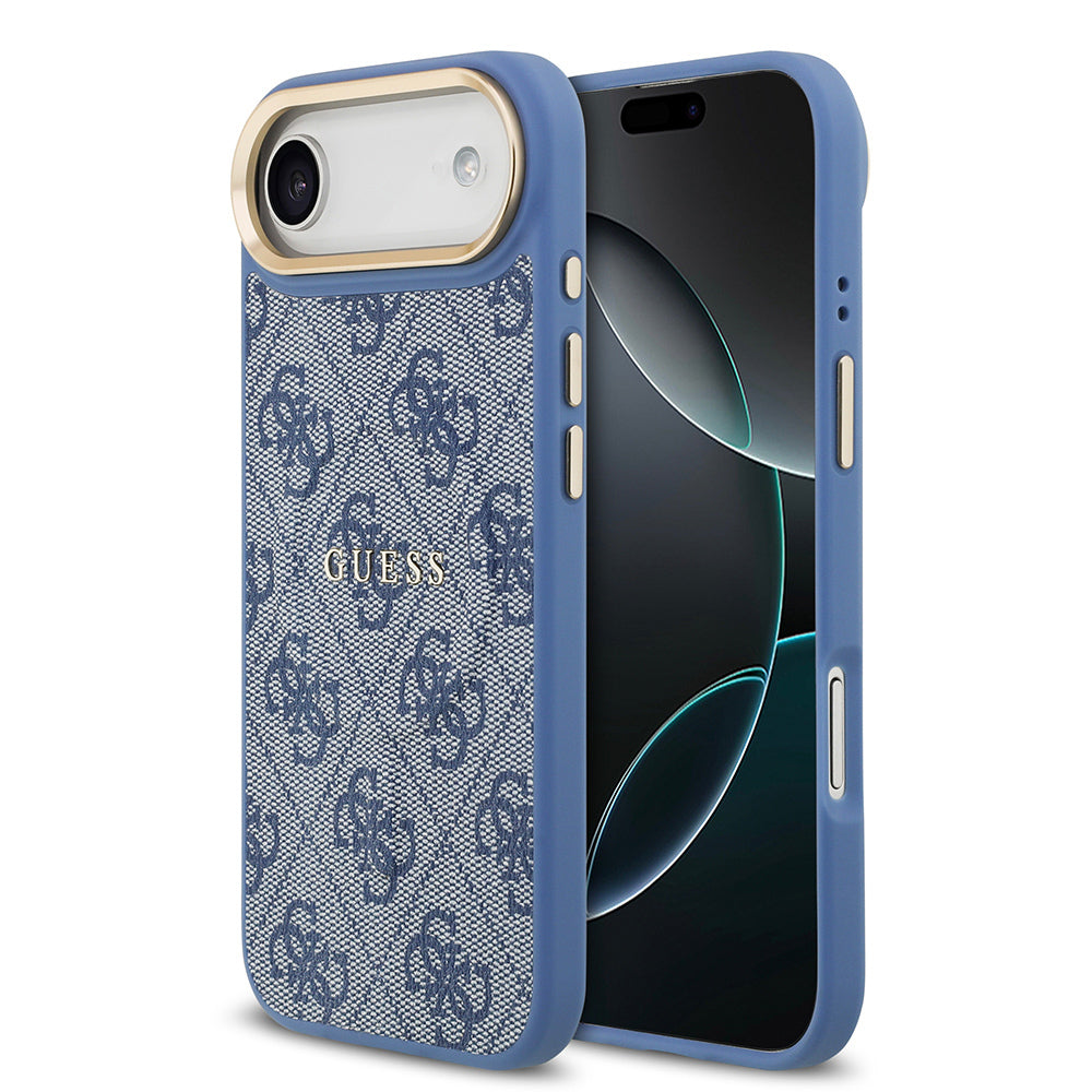 iPhone 17 Air Kılıf Guess Orijinal Lisanslı M-safe Şarj Özellikli Gold Metal Kamera Çerçeveli PU Deri 4G Desenli Yazı Logolu Kılıf