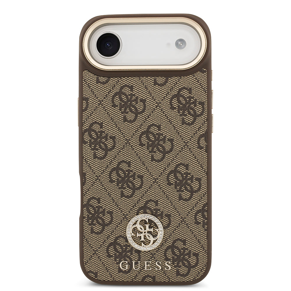 iPhone 17 Air Kılıf Guess Orijinal Lisanslı M-safe Şarj Özellikli Gold Metal Kamera Çerçeveli Taşlı 4G Logolu Kılıf