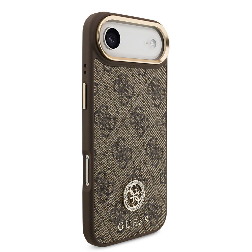 iPhone 17 Air Kılıf Guess Orijinal Lisanslı M-safe Şarj Özellikli Gold Metal Kamera Çerçeveli Taşlı 4G Logolu Kılıf