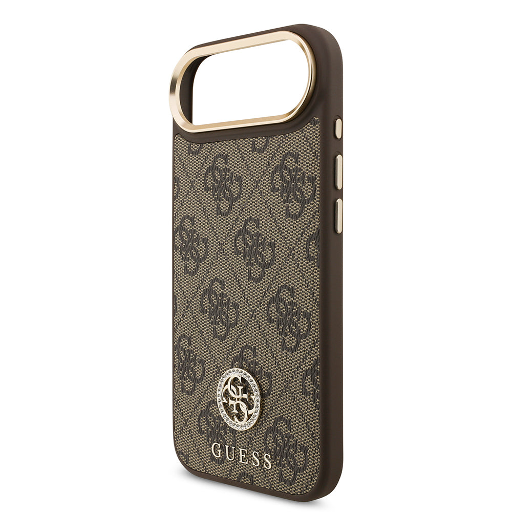 iPhone 17 Air Kılıf Guess Orijinal Lisanslı M-safe Şarj Özellikli Gold Metal Kamera Çerçeveli Taşlı 4G Logolu Kılıf