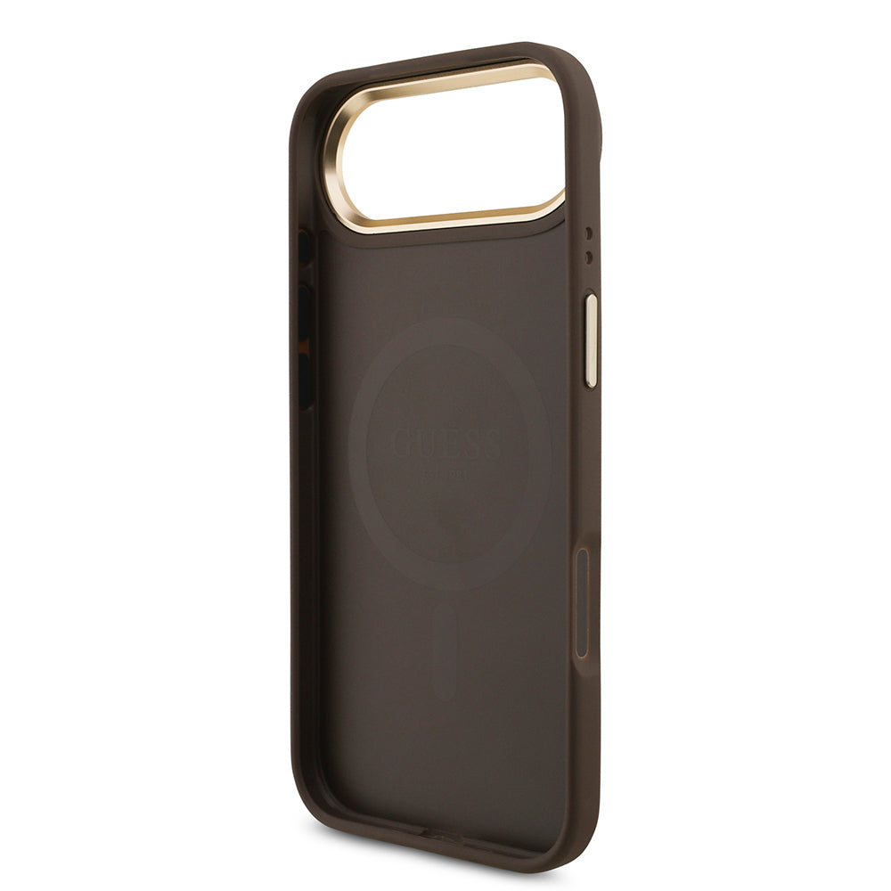 iPhone 17 Air Kılıf Guess Orijinal Lisanslı M-safe Şarj Özellikli Gold Metal Kamera Çerçeveli Taşlı 4G Logolu Kılıf