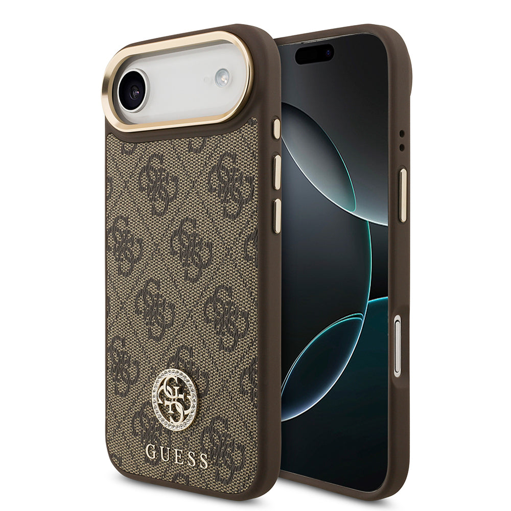 iPhone 17 Air Kılıf Guess Orijinal Lisanslı M-safe Şarj Özellikli Gold Metal Kamera Çerçeveli Taşlı 4G Logolu Kılıf