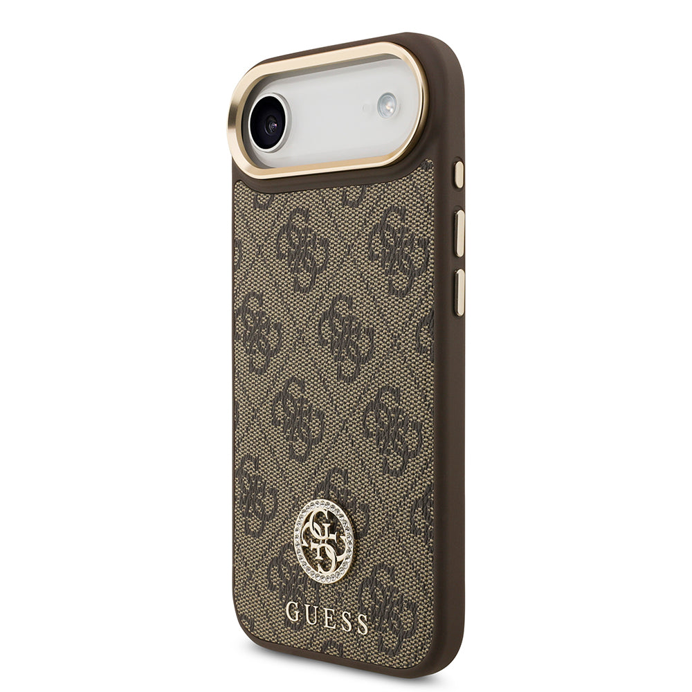 iPhone 17 Air Kılıf Guess Orijinal Lisanslı M-safe Şarj Özellikli Gold Metal Kamera Çerçeveli Taşlı 4G Logolu Kılıf