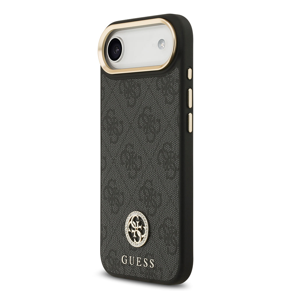 iPhone 17 Air Kılıf Guess Orijinal Lisanslı M-safe Şarj Özellikli Gold Metal Kamera Çerçeveli Taşlı 4G Logolu Kılıf