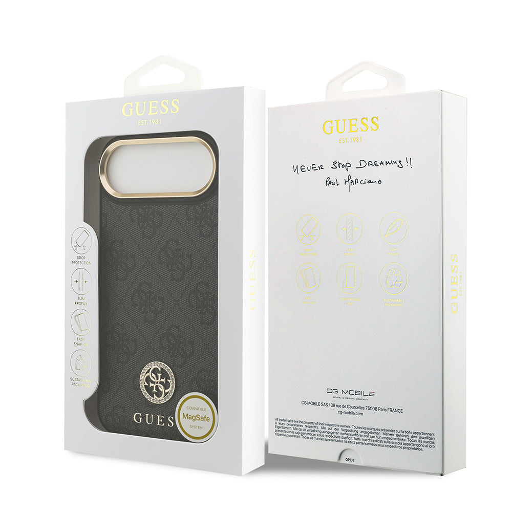 iPhone 17 Air Kılıf Guess Orijinal Lisanslı M-safe Şarj Özellikli Gold Metal Kamera Çerçeveli Taşlı 4G Logolu Kılıf