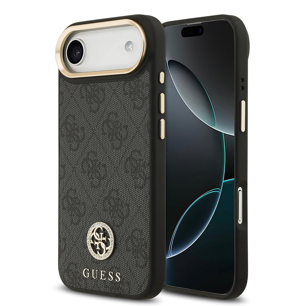 iPhone 17 Air Kılıf Guess Orijinal Lisanslı M-safe Şarj Özellikli Gold Metal Kamera Çerçeveli Taşlı 4G Logolu Kılıf