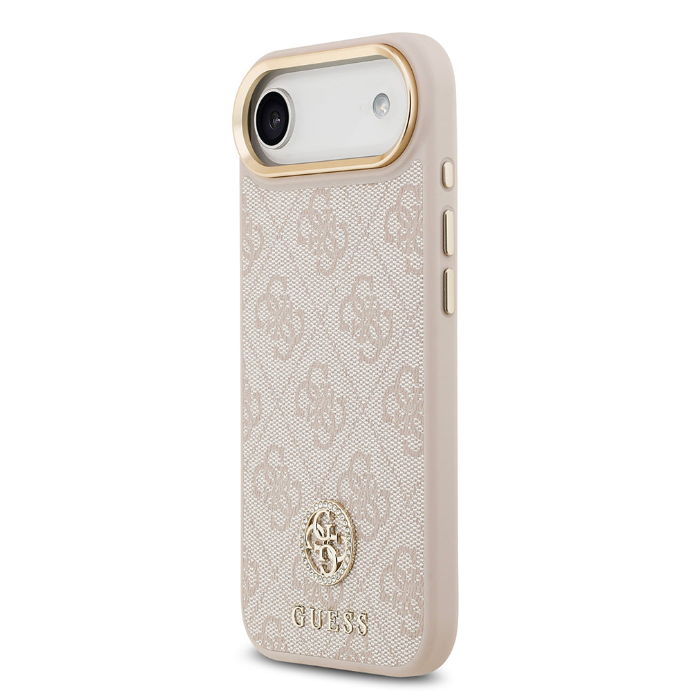 iPhone 17 Air Kılıf Guess Orijinal Lisanslı M-safe Şarj Özellikli Gold Metal Kamera Çerçeveli Taşlı 4G Logolu Kılıf
