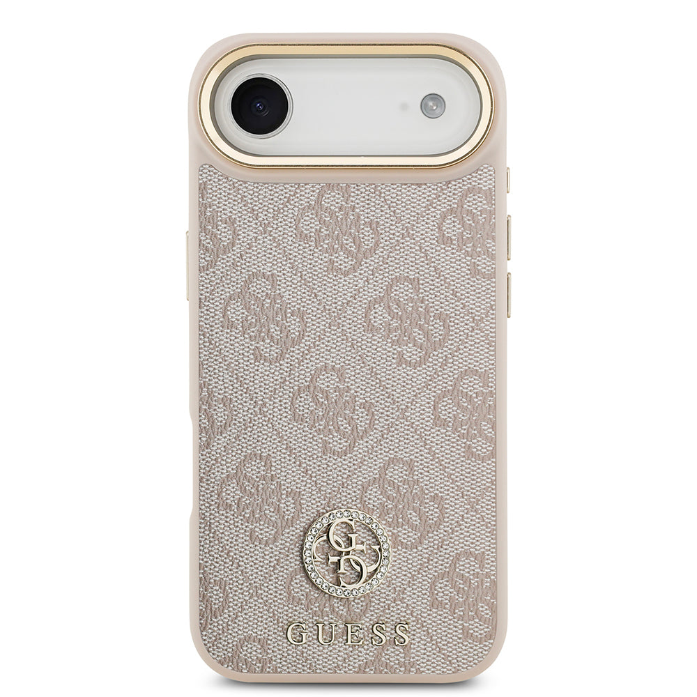 iPhone 17 Air Kılıf Guess Orijinal Lisanslı M-safe Şarj Özellikli Gold Metal Kamera Çerçeveli Taşlı 4G Logolu Kılıf