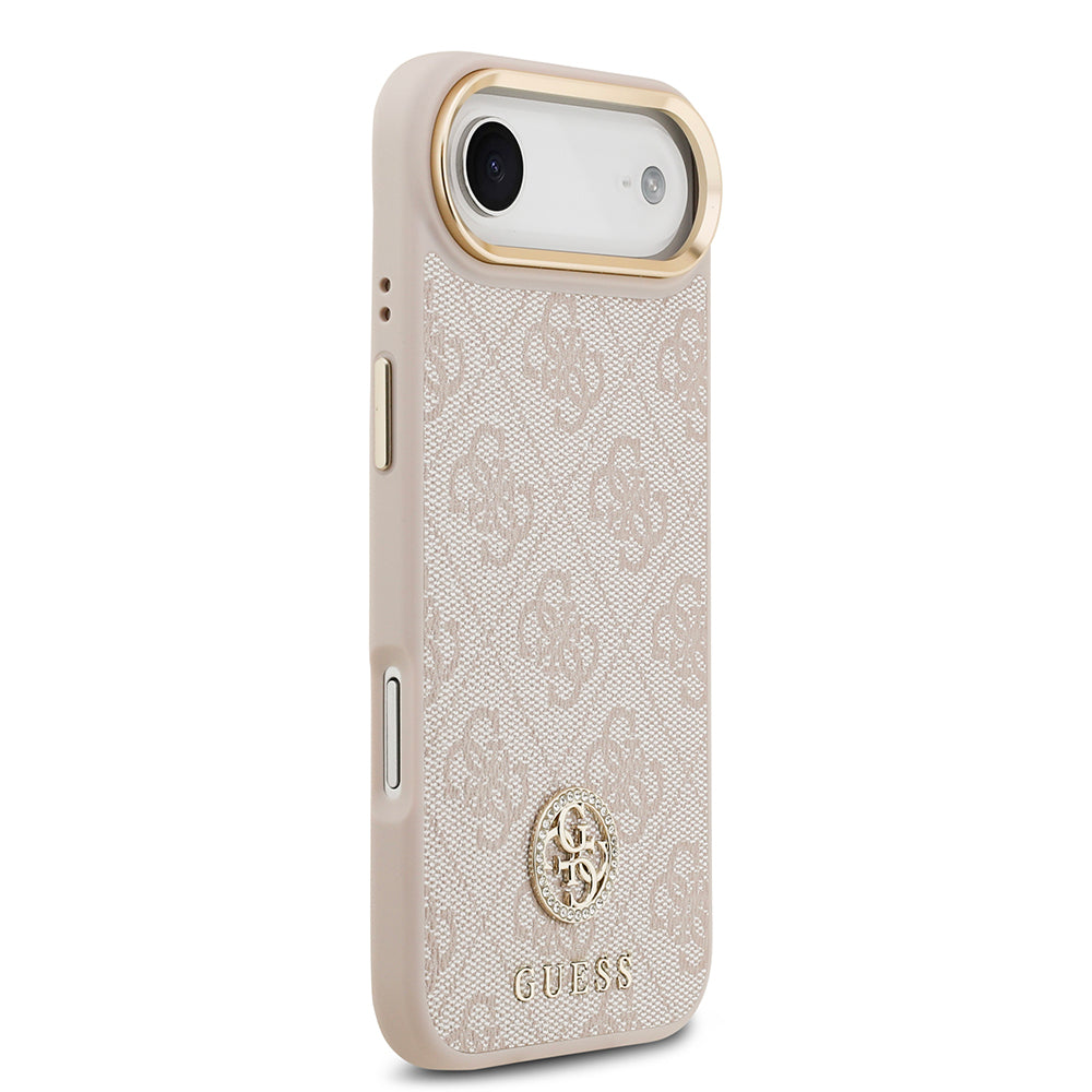 iPhone 17 Air Kılıf Guess Orijinal Lisanslı M-safe Şarj Özellikli Gold Metal Kamera Çerçeveli Taşlı 4G Logolu Kılıf