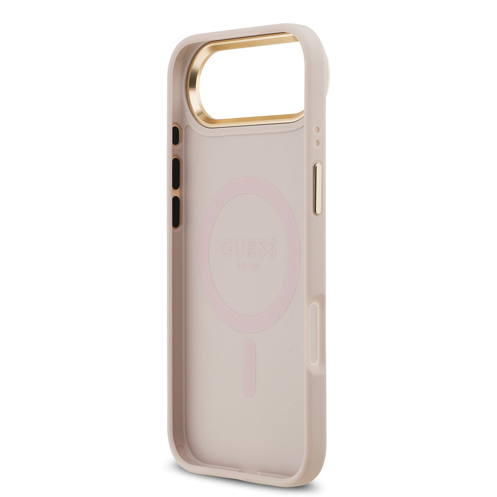 iPhone 17 Air Kılıf Guess Orijinal Lisanslı M-safe Şarj Özellikli Gold Metal Kamera Çerçeveli Taşlı 4G Logolu Kılıf